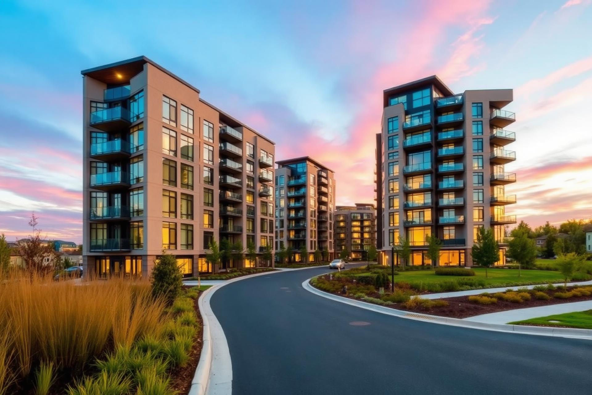 Modern rental community at sunset